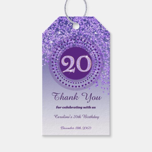 Moderne Paarse Glitter 20e Verjaardag Valt Cadeaulabel (Voorkant)