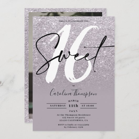 Moderne paarse glitter border script foto Sweet 16 Kaart (Voorkant / Achterkant)