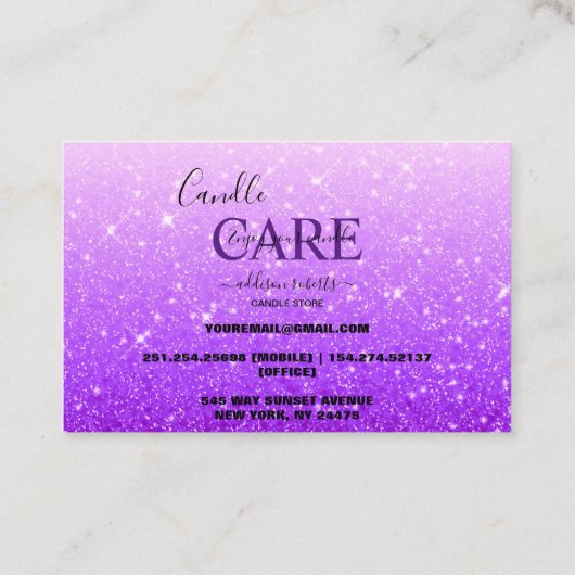 Moderne Paarse Glitter Candle Care Visitekaartje (Achterkant)
