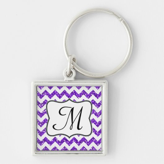 Moderne Paarse Glitter Chevron Zig Zag Sleutelhang Sleutelhanger (Voorkant)