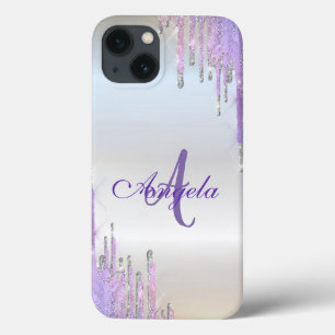 Moderne Paarse Glitter Druppels,Zilver,Monogram Case-Mate iPhone Case