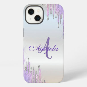 Moderne Paarse Glitter Druppels,Zilver,Monogram iPhone 13 Hoesje