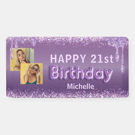 Moderne Paarse Glitter Foto 21st Birthday Spandoek (Horizontaal)