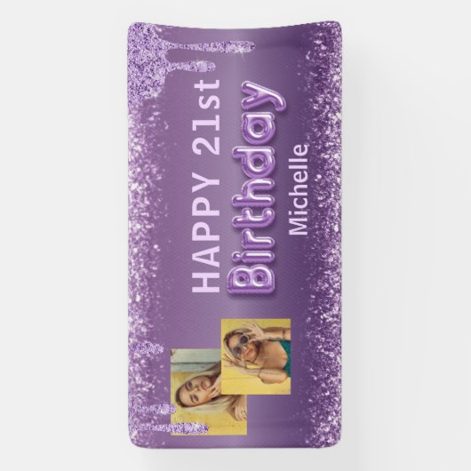 Moderne Paarse Glitter Foto 21st Birthday Spandoek (Verticaal)