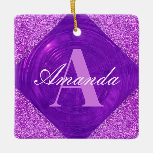Moderne Paarse Glitter Girly Monogram Keramisch Ornament (Voorkant)