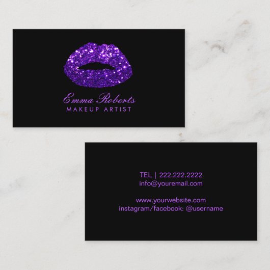 Moderne Paarse glitter lips map artiest Visitekaartje (Voorkant / Achterkant)