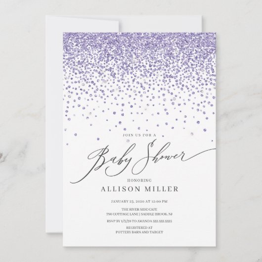 Moderne paarse glitter Meisjes Baby Shower Kaart (Voorkant)