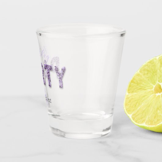 Moderne Paarse Glitter Monogram Birthday Party Shot Glas (Rechts)
