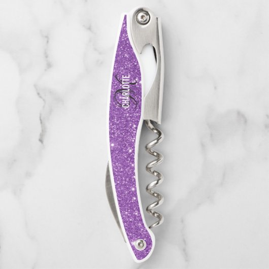 Moderne paarse glitter-monogram kurkentrekker (Achterkant)