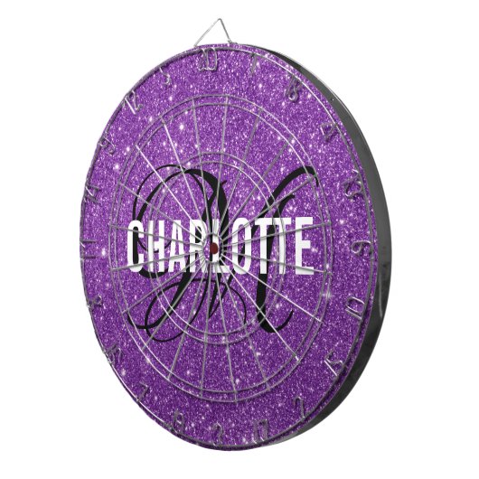 Moderne paarse glitter monogram naam dartbord (Voorkant Rechts)