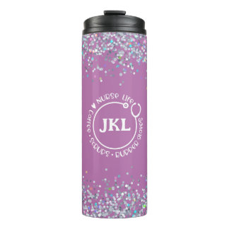 Moderne Paarse Glitter Monogram Stethoscoop Verzus Thermosbeker