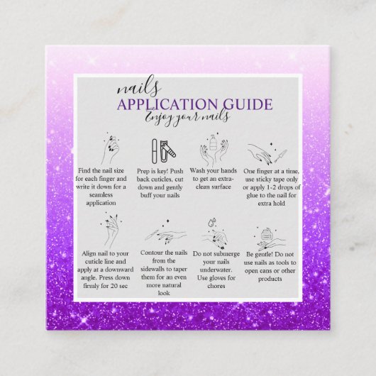 Moderne Paarse Glitter Nail Application Guide Vierkante Visitekaartje (Voorkant)