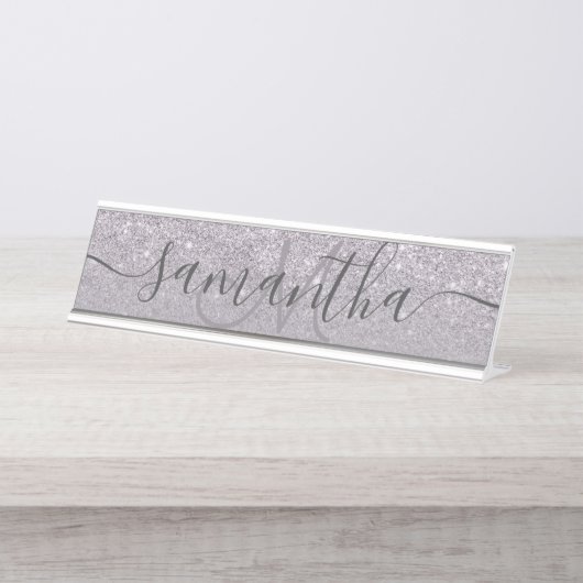 Moderne paarse glitter ombre lavender monogram bureau naambordje (Voorkant)