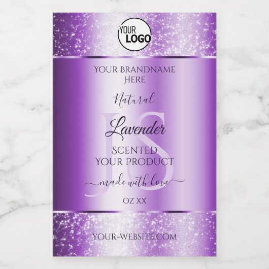 Moderne Paarse Glitter Product Labels monogram Log Voedselcontainer Etiket (Enkel label)