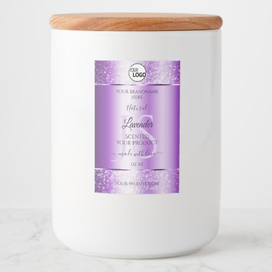 Moderne Paarse Glitter Product Labels monogram Log Voedselcontainer Etiket (Voorkant)