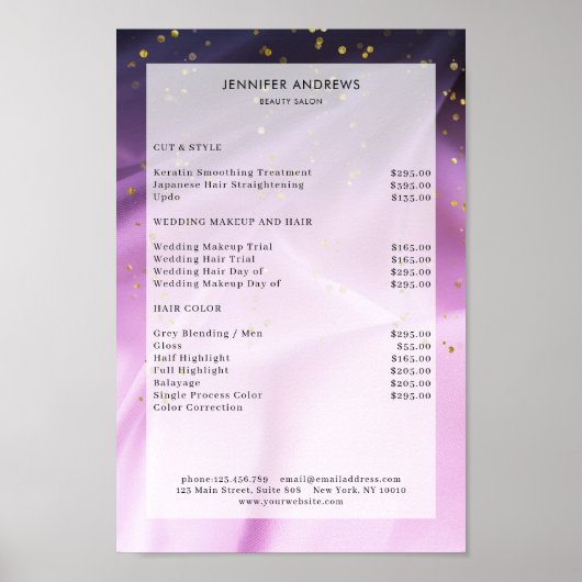 Moderne, Paarse Glitter Salon Price List Poster (Voorkant)