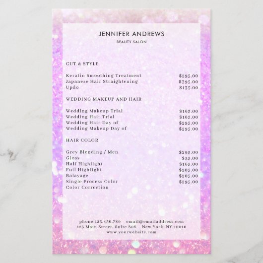Moderne Paarse Glitter Salon Prijslijst Flyer (Voorkant)