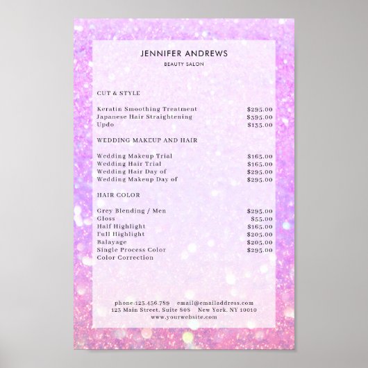 Moderne, paarse glitter salon prijslijst Poster (Voorkant)