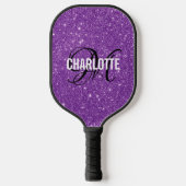 Moderne paarse glitter script monogram naam pickleball paddle (Voorkant)