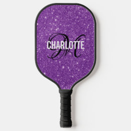 Moderne paarse glitter script monogram naam pickleball paddle