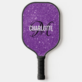 Moderne paarse glitter script monogram naam pickleball paddle