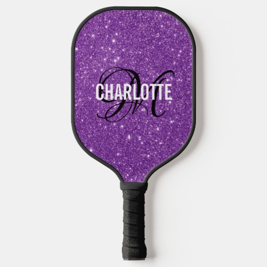 Moderne paarse glitter script monogram naam pickleball paddle (Voorkant)