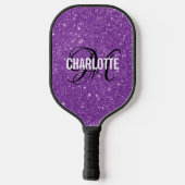 Moderne paarse glitter script monogram naam pickleball paddle (Achterkant)