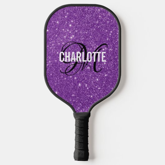 Moderne paarse glitter script monogram naam pickleball paddle (Achterkant)