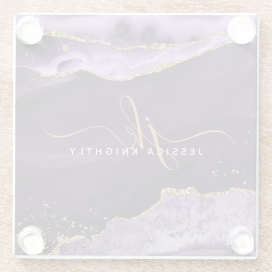 Moderne Paarse Glitter Script-monogram voor Agate  Glazen Onderzetter (Achterkant)