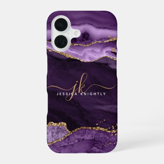 Moderne Paarse Glitter Script-monogram voor Agate iPhone 16 Hoesje (Achterkant)