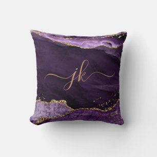 Moderne Paarse Glitter Script-monogram voor Agate Kussen
