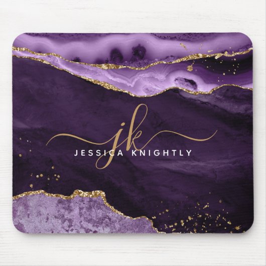Moderne Paarse Glitter Script-monogram voor Agate  Muismat (Voorkant)