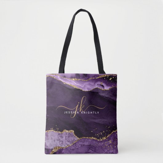 Moderne Paarse Glitter Script-monogram voor Agate  Tote Bag (Voorkant)