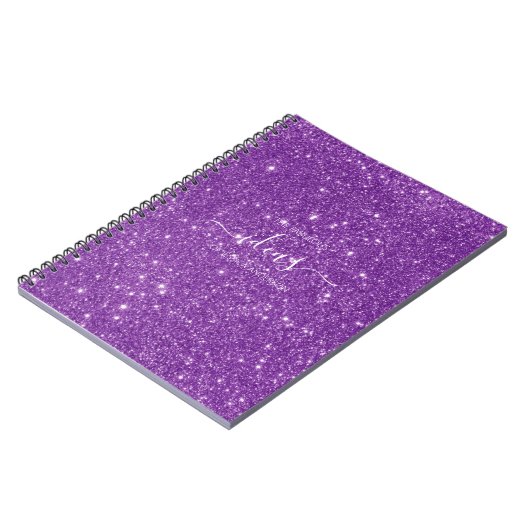 Moderne paarse glitter scriptnaam notitieboek (Linkerzijde)