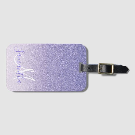 Moderne Paarse Glitter Sparkles Personated Name Bagagelabel (Voorkant (horizontaal))