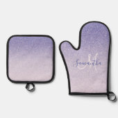 Moderne Paarse Glitter Sparkles Personated Name Ovenwant & Pannenlap Set (Voorkant)