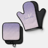 Moderne Paarse Glitter Sparkles Personated Name Ovenwant & Pannenlap Set (Voorkant / Achterkant)