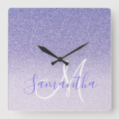 Moderne Paarse Glitter Sparkles Personated Name Vierkante Klok (Voorkant)