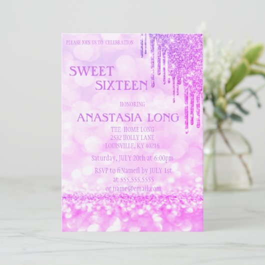 Moderne Paarse glitter Swer 16 Save The Date (Staand voorkant)