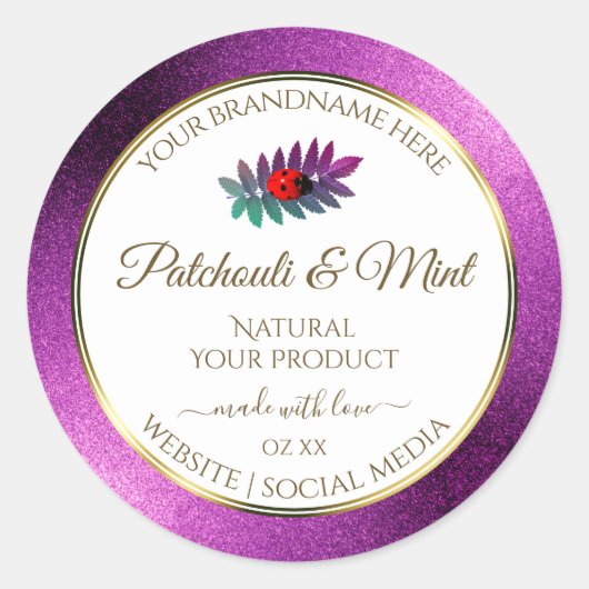 Moderne Paarse Glitter White Product Labels Ladybu (Voorkant)