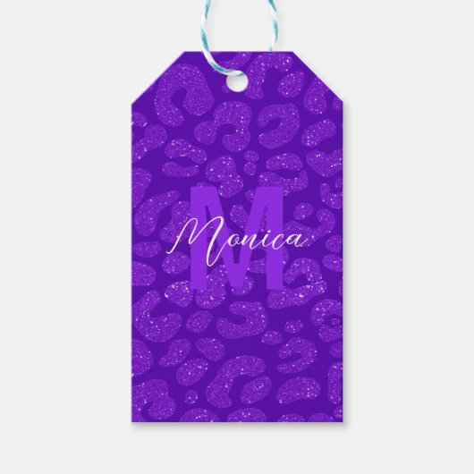 moderne paarse glitters monogram script naam cadeaulabel (Voorkant)