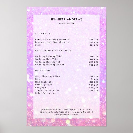 Moderne, paarse glittersalon prijstlijst Poster (Voorkant)