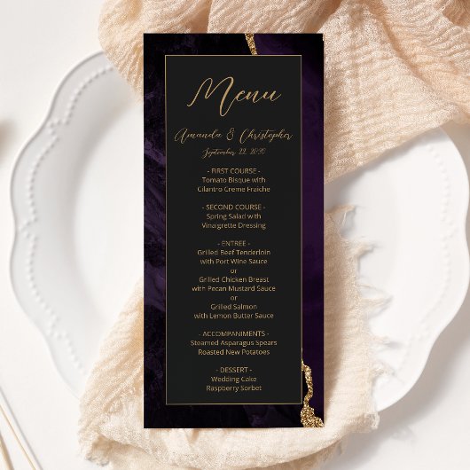 Moderne Paarse Goud Agaat Donkere Bruiloft Menu