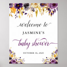 Moderne Paarse goudbloemen voor Baby shower Poster