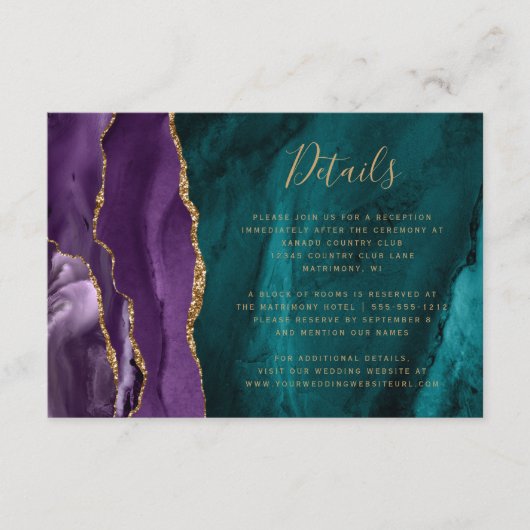 Moderne Paarse Gouden Agaat Blauwgroen Bruiloft De Informatiekaartje (Voorkant)
