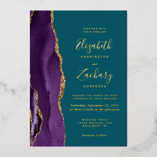 Moderne Paarse Gouden Agaat Blauwgroen Bruiloft Folie Uitnodiging (Voorkant)