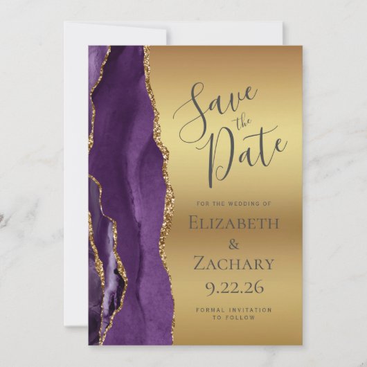 Moderne Paarse Gouden Agaat Glam Bewaar de Datum Save The Date (Voorkant)
