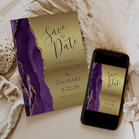 Moderne Paarse Gouden Agaat Glam Bewaar de Datum Save The Date