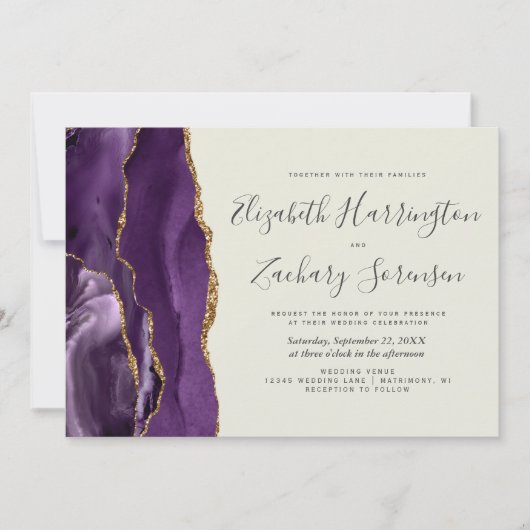 Moderne Paarse Gouden Agaat Ivoren Trouw Kaart (Voorkant)