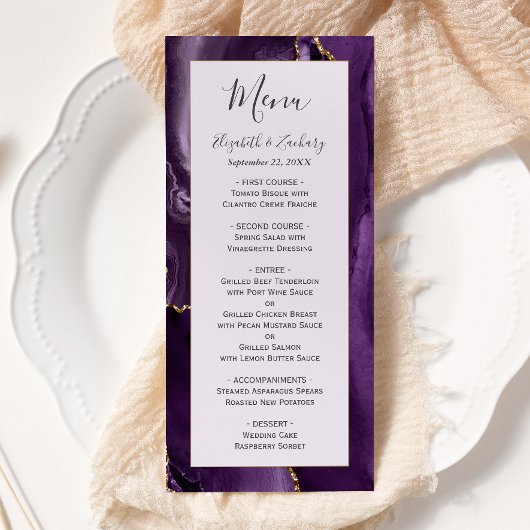 Moderne Paarse Gouden Agaat Lavendel Bruiloft Menu